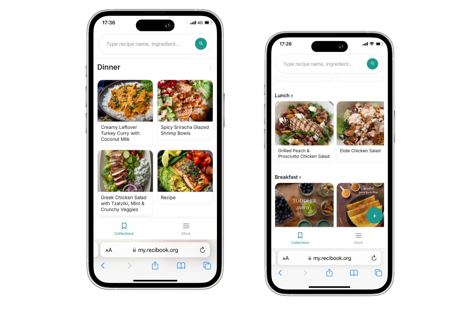 Recibook app showing Dinner, Lunch, and Breakfast recipe collections