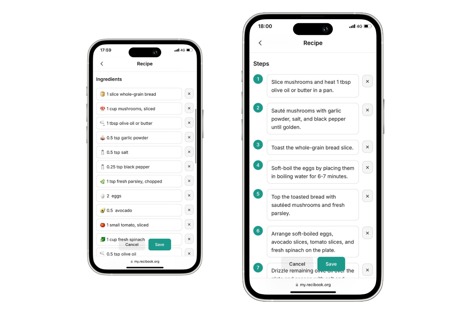 Recibook edit recipe view: ingredients and steps editing